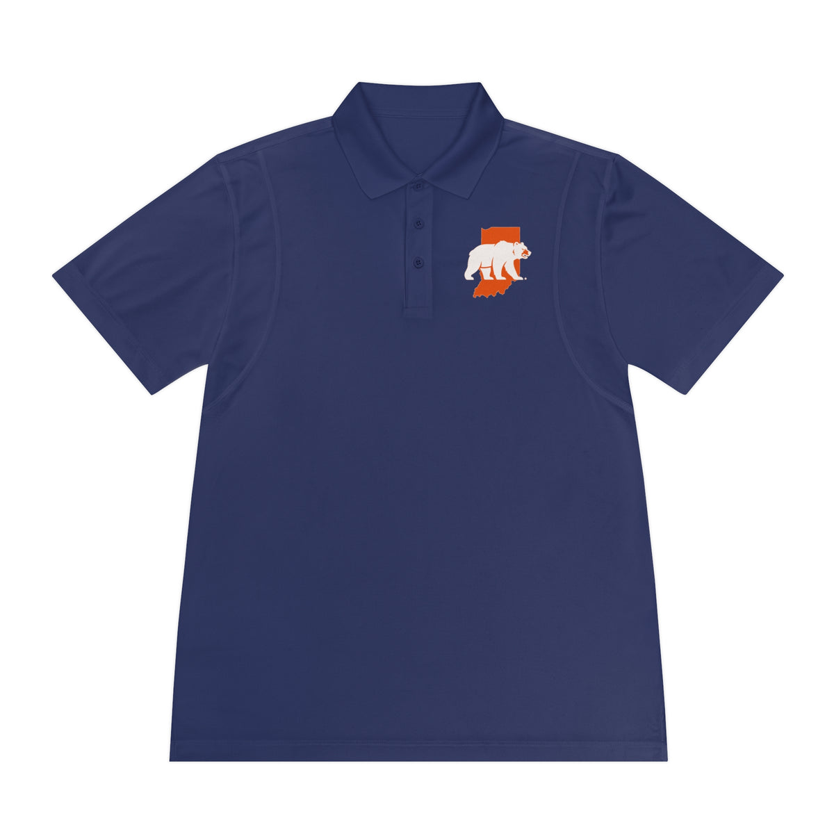 True navy Indiana Bears men's sport polo, front view with chest logo