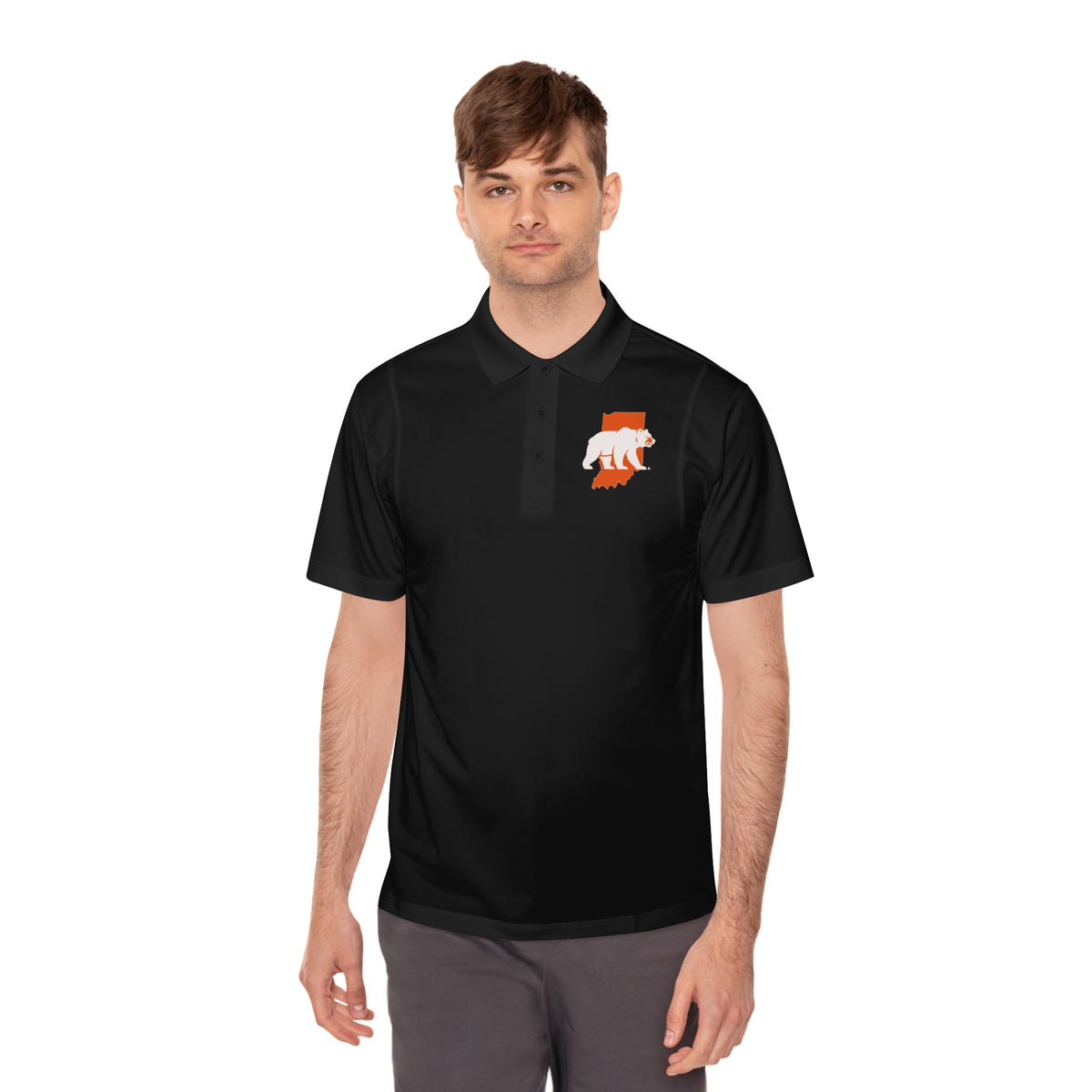 Man wearing the black Indiana Bears men's sport polo