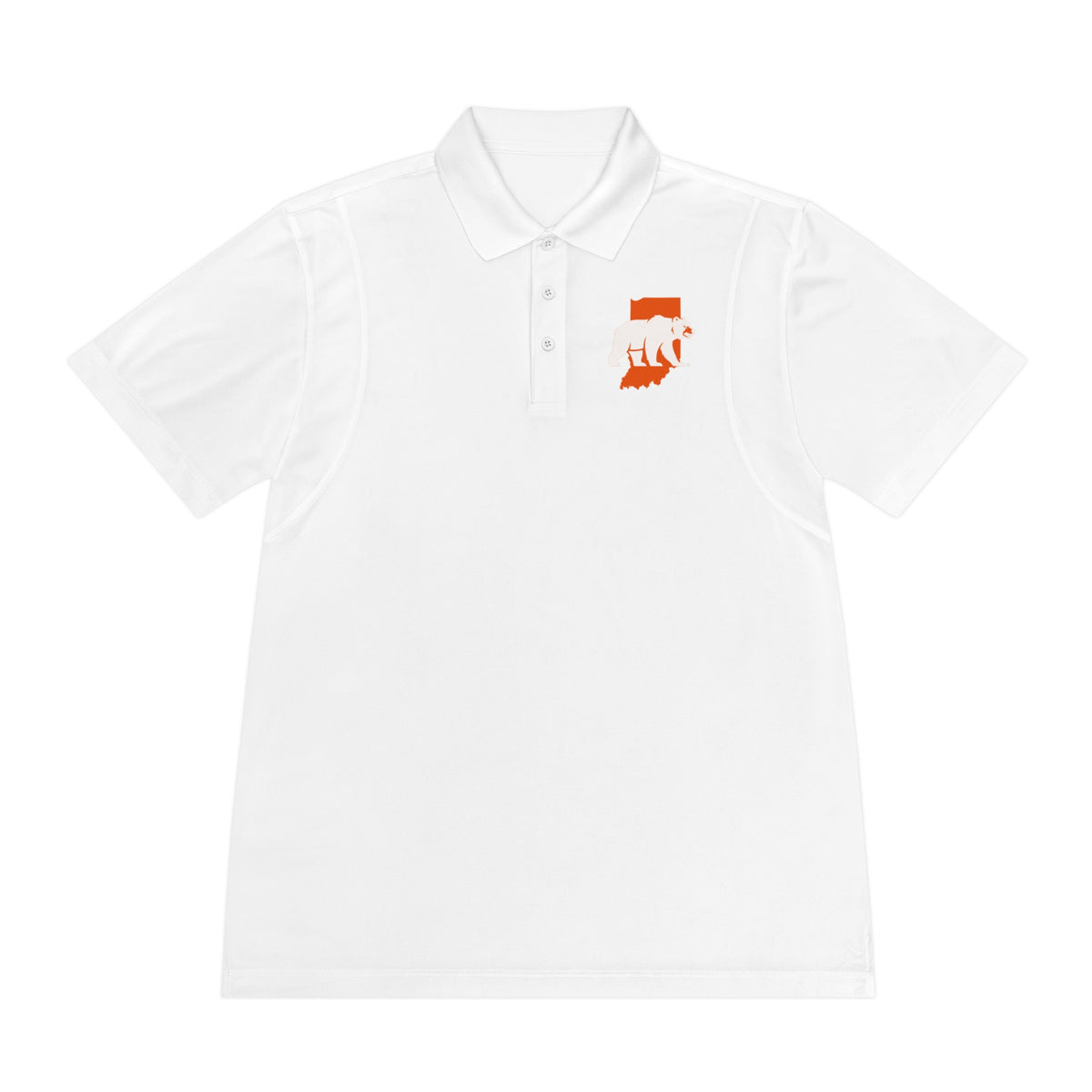 White Indiana Bears men's sport polo, front view with chest logo