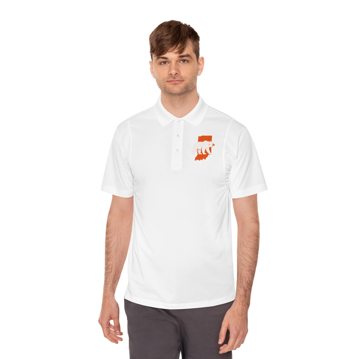 Man wearing the white Indiana Bears men's sport polo